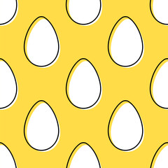 Wall Mural - White eggs with black outline on yellow background. Vector seamless pattern.