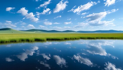 The peaceful scene of vast grasslands and blue skies and white clouds, set off by hills in the distance, exudes the beauty of nature.