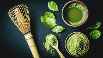 Top view of a cup of matcha green tea with a bamboo whisk and a bowl of matcha powder