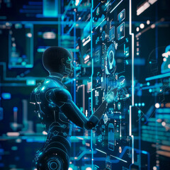 Wall Mural - robot is touching digital network connection. artificial intelligence development. android robot in 
