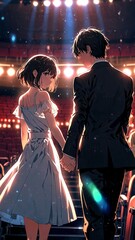 Poster - anime couple holding hands in theater background illustration cartoon design manga scene