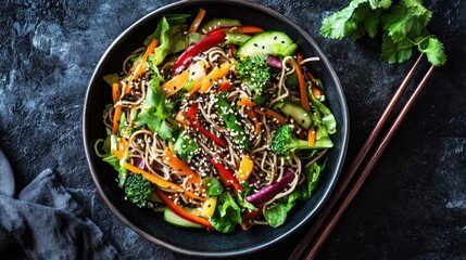 Wall Mural - Top view of a spicy soba noodle salad with soba noodles, mixed vegetables, and a zesty chili sesame dressing, garnished with sesame seeds.