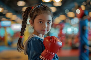 Wall Mural - Cute little girl practicing boxing in the gym