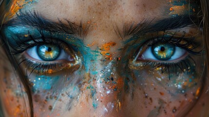 Wall Mural - Woman with blue and yellow paint looking up closeup