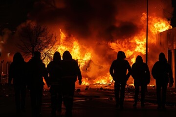 Poster - people stand in front of a burning building