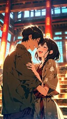 Wall Mural - anime couple laughing in temple background illustration cartoon design manga scene