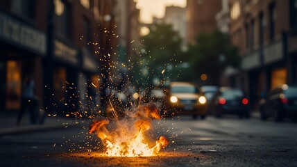 Wall Mural - a small firework explosion on a city street with sparks flying, creating a dramatic and dynamic scene against the backdrop of blurred urban life