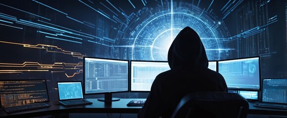 anonymous hacker in a silhouette In the background is network of glowing data cybersecurity, Cyber Crime, Cyberattack