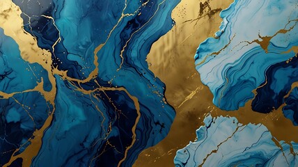 Wall Mural - an abstract design of swirling blue and gold colors, creating a luxurious and fluid marble-like pattern