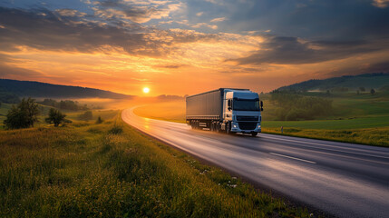 The setting sun creates a warm, golden glow over the rural fields as the truck moves along the asphalt road.