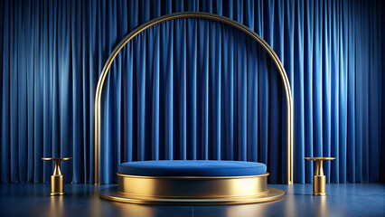 Wall Mural - A deep blue rounded podium with gold accents and a rich, velvet curtain backdrop