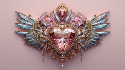 Wall Mural -   A heart-shaped piece of art adorned with wings & jewels on a pink background