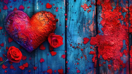   A painting of a red heart and two red roses on a blue-painted wooden background with red and pink petals