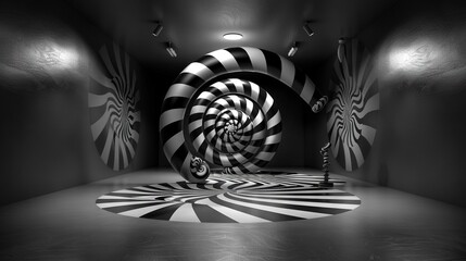   Black-and-white image of a spiral-designed room with a light source at the end
