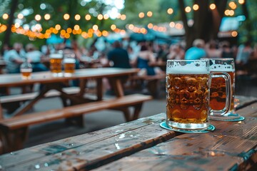 Two frothy beer mugs on a table in a bustling Oktoberfest beer tent, surrounded by festive lights and joyful patrons.