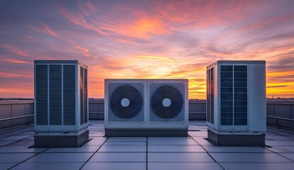 The outdoor unit of an air conditioner was arranged on the roof of an office building with a beautiful sky and sunset. 