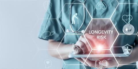 Longevity risk concept. A healthcare professional interacting with a digital interface displaying icons related to longevity risk and medical conditions. Managing and avoiding long-term health risks.