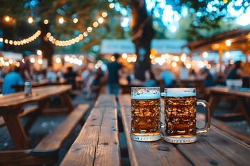 Two frothy beer mugs on a table in a bustling Oktoberfest beer tent, surrounded by festive lights and joyful patrons.