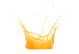 Orange Mango Juice pouring and splash as crown water. Orange Mango Juice explode bubble splash in mid air. Orange juice element water. White background isolated photography