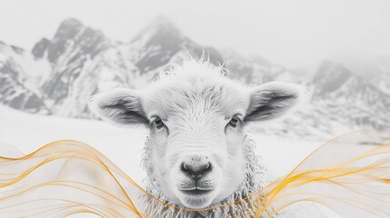 Wall Mural -   A black-and-white photograph of a sheep with a yellow ribbon around its neck, set against a mountainous backdrop