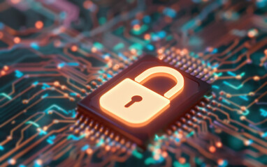 Wall Mural - glowing lock symbol on a microchip, representing cybersecurity, data protection, and encryption in t