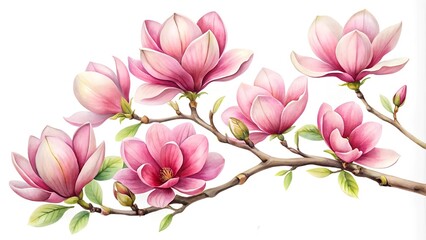 Wall Mural - Blooming Delicate: A Watercolor Study of Pink Magnolia Blossoms  Generative AI