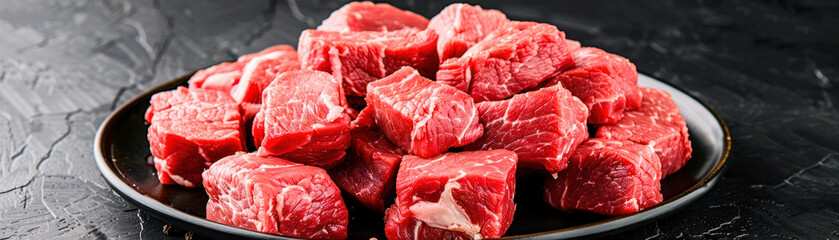 Fresh raw beef chunks stacked on a black plate, ready for cooking. Juicy and high-quality meat perfect for delicious recipes, grilling, or roasting.