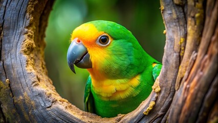 Emerald Gleam: A Parakeet's Peek from the Rainforest Canopy  AI Generated