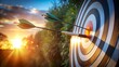 © anulak - Precision in the Sun: An Ultra-Realistic Depiction of Arrows Striking the Bullseye of a Target  AI generated