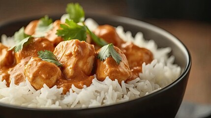 Wall Mural - A bowl of spicy chicken curry accompanied by fluffy white rice, garnished with fresh cilantro, set on a rustic wooden table