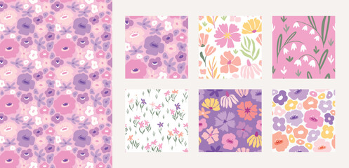 Floral seamless pattern set, trendy graphic digital papers with botanical elements, flowers, leaves for your design. Hand drawn collection. Vector illustration.