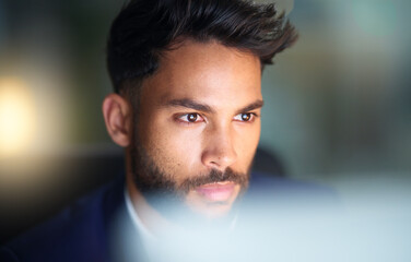 Leinwandbilder - Thinking, night and man in office, laptop and test of software for cybersecurity, programmer and bokeh. Serious, overtime and employee for coding of website, IT and information technology in dark