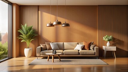 Poster - Serene Sunset Living Room: Minimalist Design with a Touch of Warmth  Generative AI