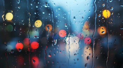 Wall Mural - Rainy City Night Through Wet Window with Blurred Lights and Reflections