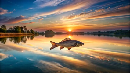 Wall Mural - Serene Sunset Reflections: A Fish in the Golden Hour  generative AI