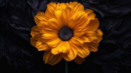   A vibrant yellow bloom graces the verdant expanse of a leaf-covered meadow, abutting a majestic blue and black masonry backdrop