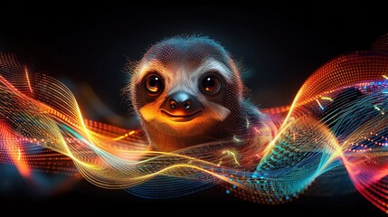  Sloth on black background with colorful wave from mouth