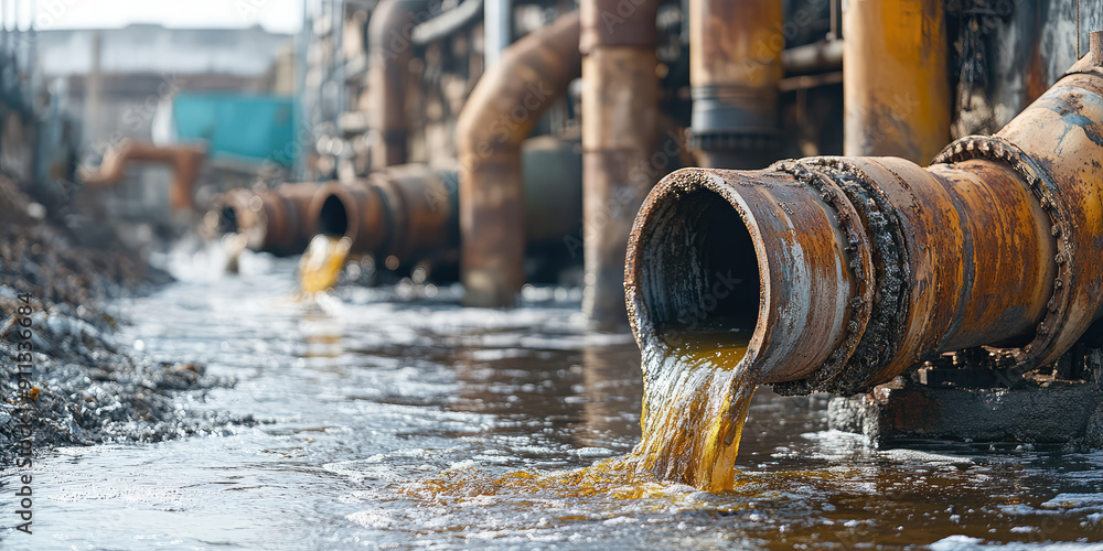 Industrial wasteland with rusty old dirty pipes, flowing toxic sludge ...