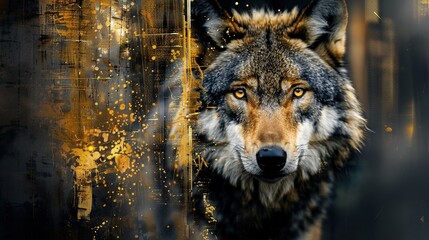 Wall Mural -   A close-up of a wolf's face with gold paint splattered on one side of the photo