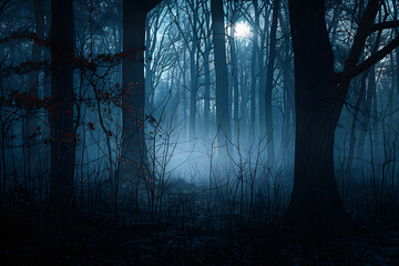 Wall Mural - dark misty forest panorama fantasy halloween landscape