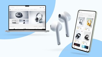 Wall Mural - Shopping and sales website for technology products and headphones. Desktop and mobile responsive design.