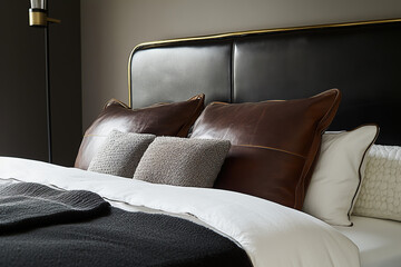 Wall Mural - Dark brown and black leather headboards, with golden metal edges wrapped around the bed frame. The close-up view showcases multiple pillows on top of each other in white and gray tones.