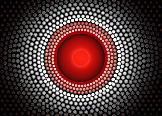 Wall Mural - Vibrant red circle on a sleek black background, surrounded by smaller white circles, creating a mesmerizing geometric pattern with depth and visual interest.