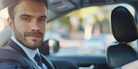 Poster - A man in a suit is driving a car and smiling