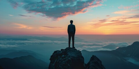 Poster - A man stands on a mountain top, looking out at the beautiful sunset