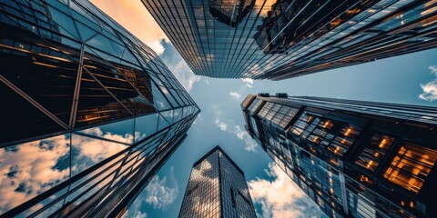 Canvas Print - A city skyline with four tall buildings and a cloudy sky