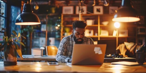 Wall Mural - A man is sitting at a desk with a laptop in front of him