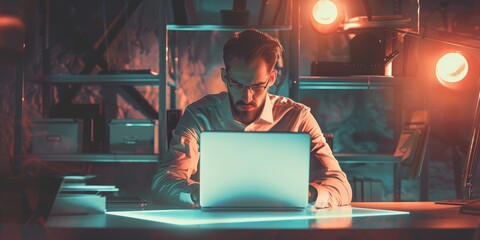 Wall Mural - A man is sitting at a desk with a laptop open in front of him