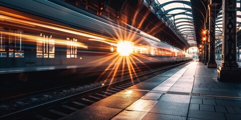 Poster - A train is passing through a train station at night