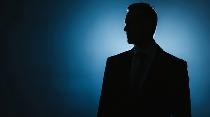 Sticker - Silhouette of a Businessman in a Suit Against a Blue Backlit Background